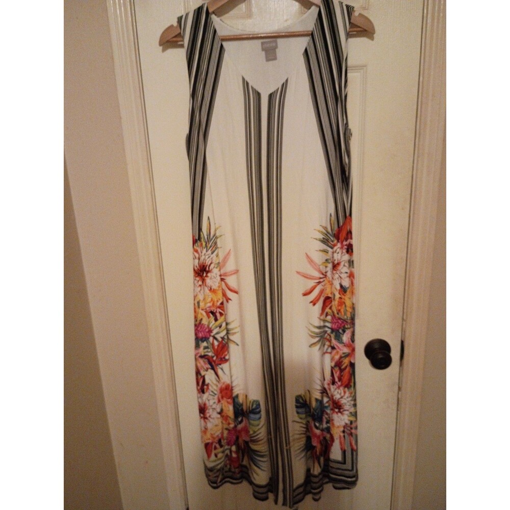 Chicos Maxi Dress Floral On White Sleeveless Sz 1/ M